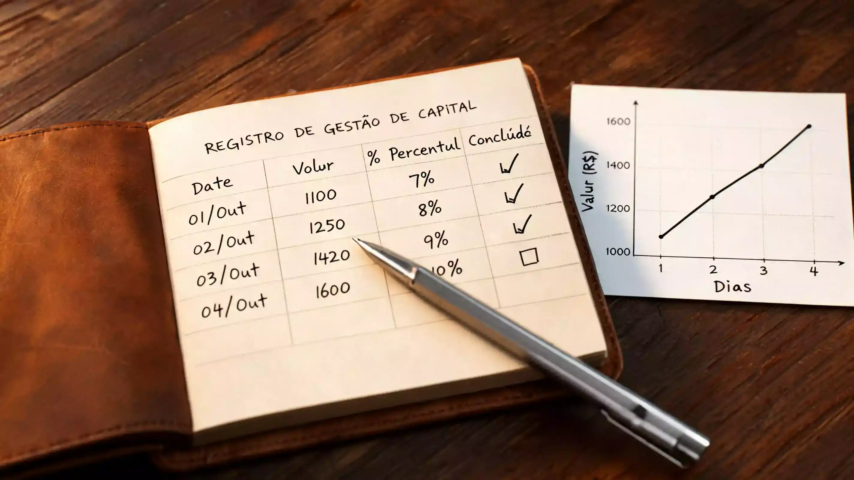 Caderno de notas com registo de apostas UFC e cálculos de ROI